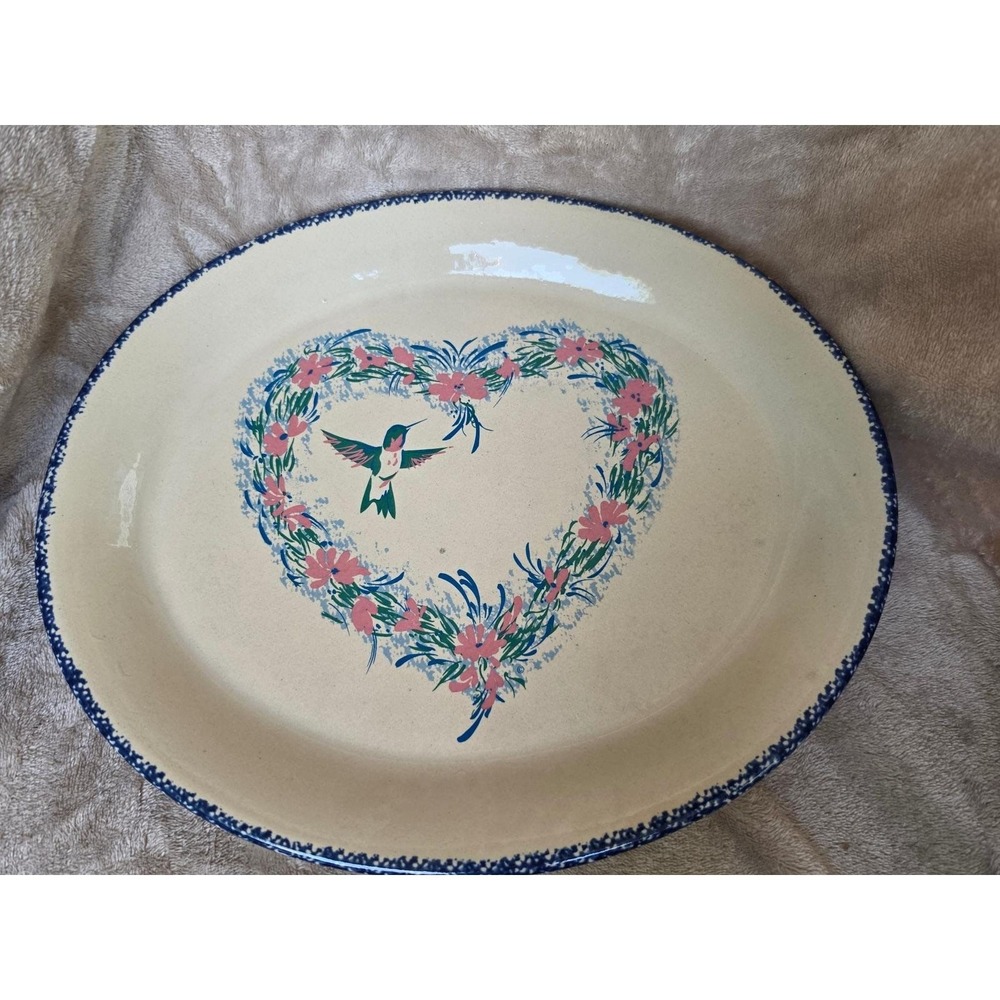 Home and Garden Party Hummingbird Floral Heart Stoneware Oval Platter 1999 USA